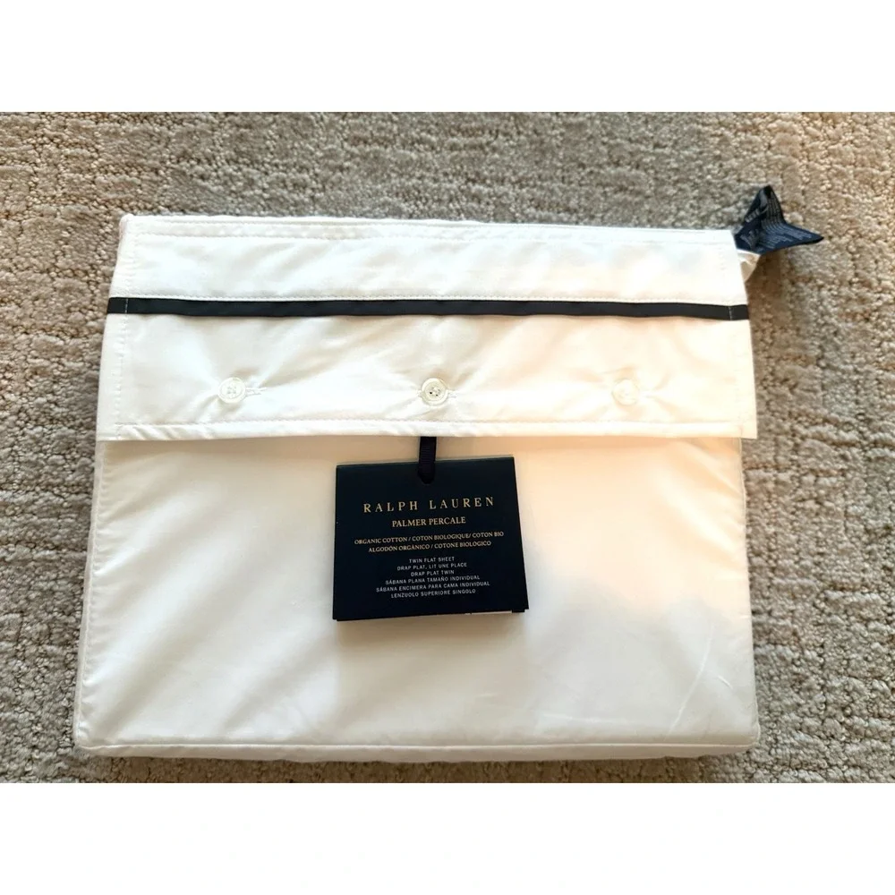 NEW Ralph Lauren Twin Flat Sheet Palmer Percale Loft Gray Border Organic Cotton
